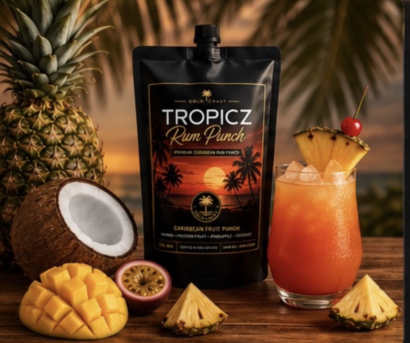 Tropicz Rum Punch pouch surrounded by fresh mango, passion fruit, pineapple and coconut, with a poured glass